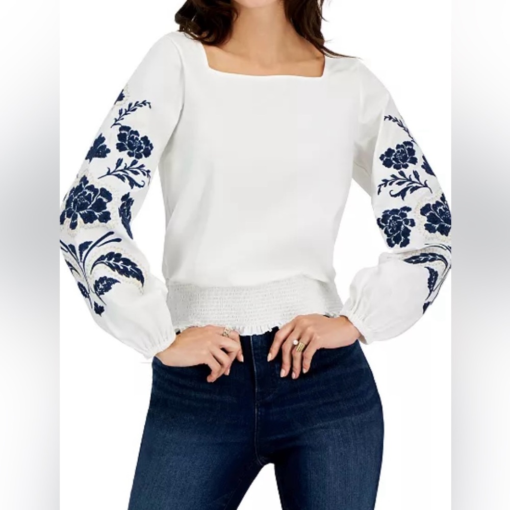 INC International Concepts Embroidered Sleeve Top Blouse Size M